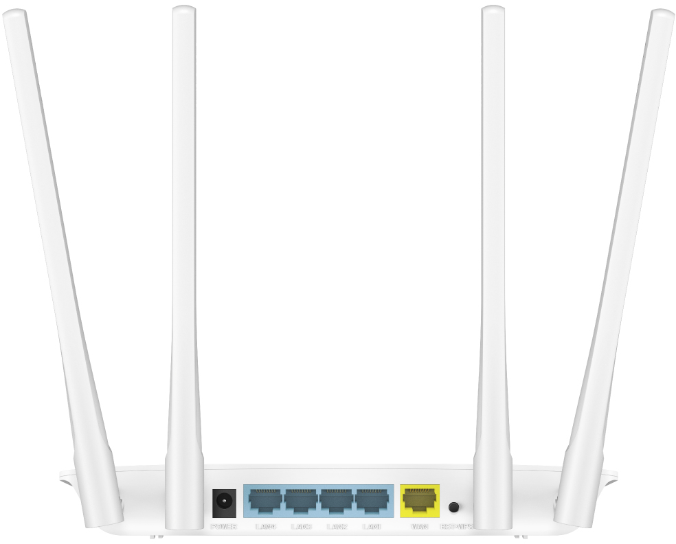 Egy fehér router négy antennával és több porttal. Van rajta táp-, LAN-, WAN- és reset port.