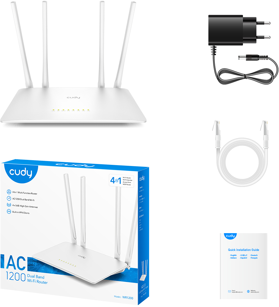 Fehér router antennákkal, kábelekkel és egy gyors telepítési útmutatóval. A doboz a router funkcióit mutatja.