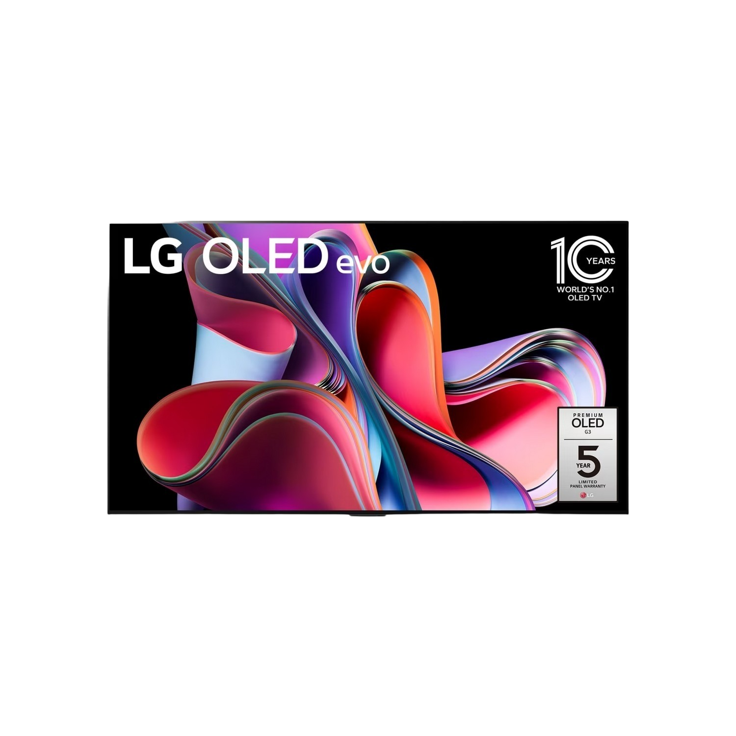 LG OLED evo TV-scherm met kleurrijke abstracte kunst. De tv heeft een zwart frame.