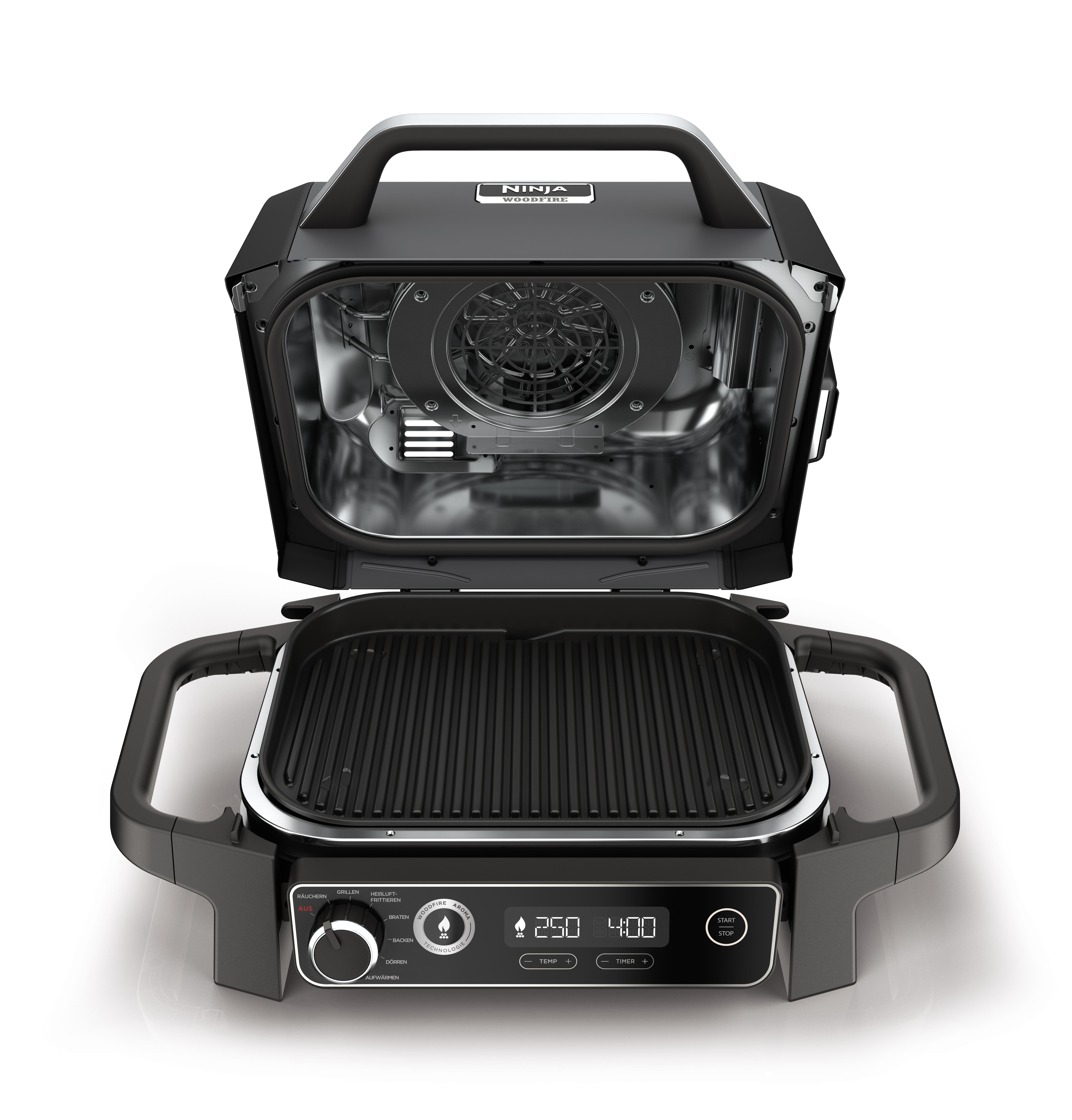 Ein offener Ninja Foodi Indoor-Grill, der die inneren Komponenten zeigt.