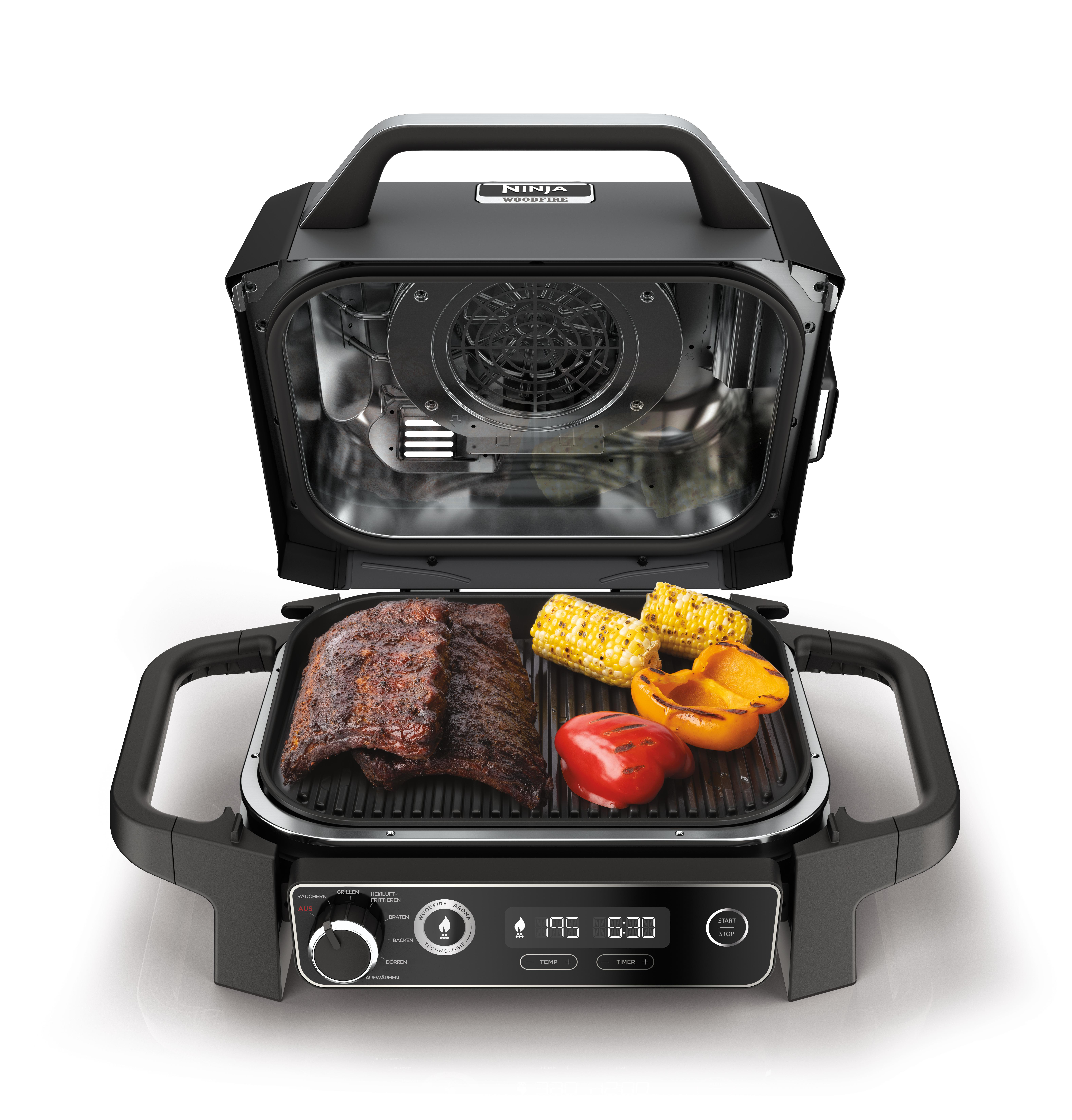 Schwarzer Grill mit Griff, offen. Rippchen, Mais und Paprika auf dem Grill. Digitalanzeige unten.