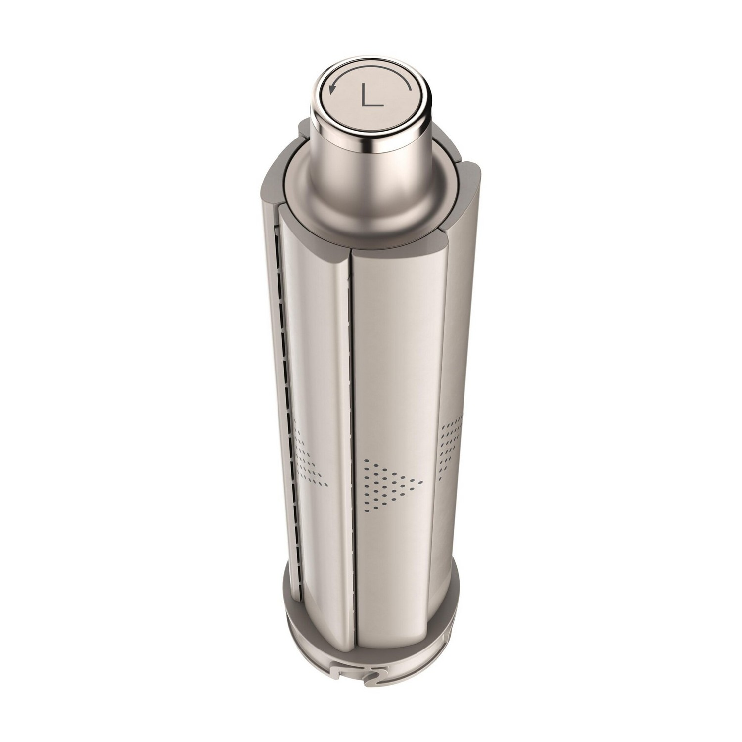 Silver cylindrical product. The top has a 'L' symbol. There are air holes along the sides.