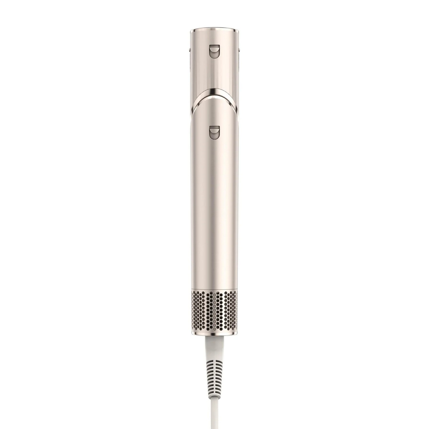 Metallic silver microphone with a cylindrical body and a mesh grille at the base.