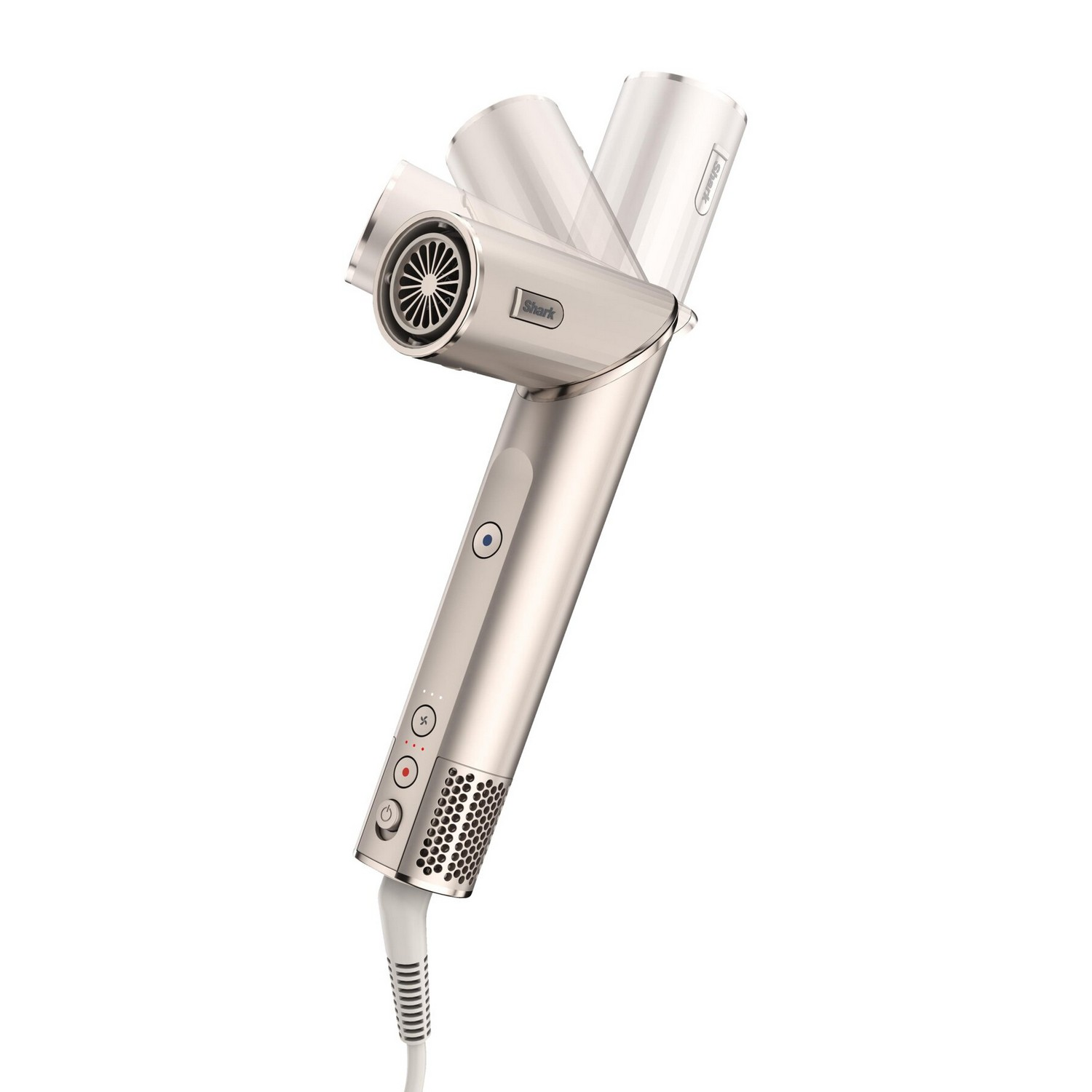 Silver Shark hair dryer with multiple nozzles and buttons. The cord is white.