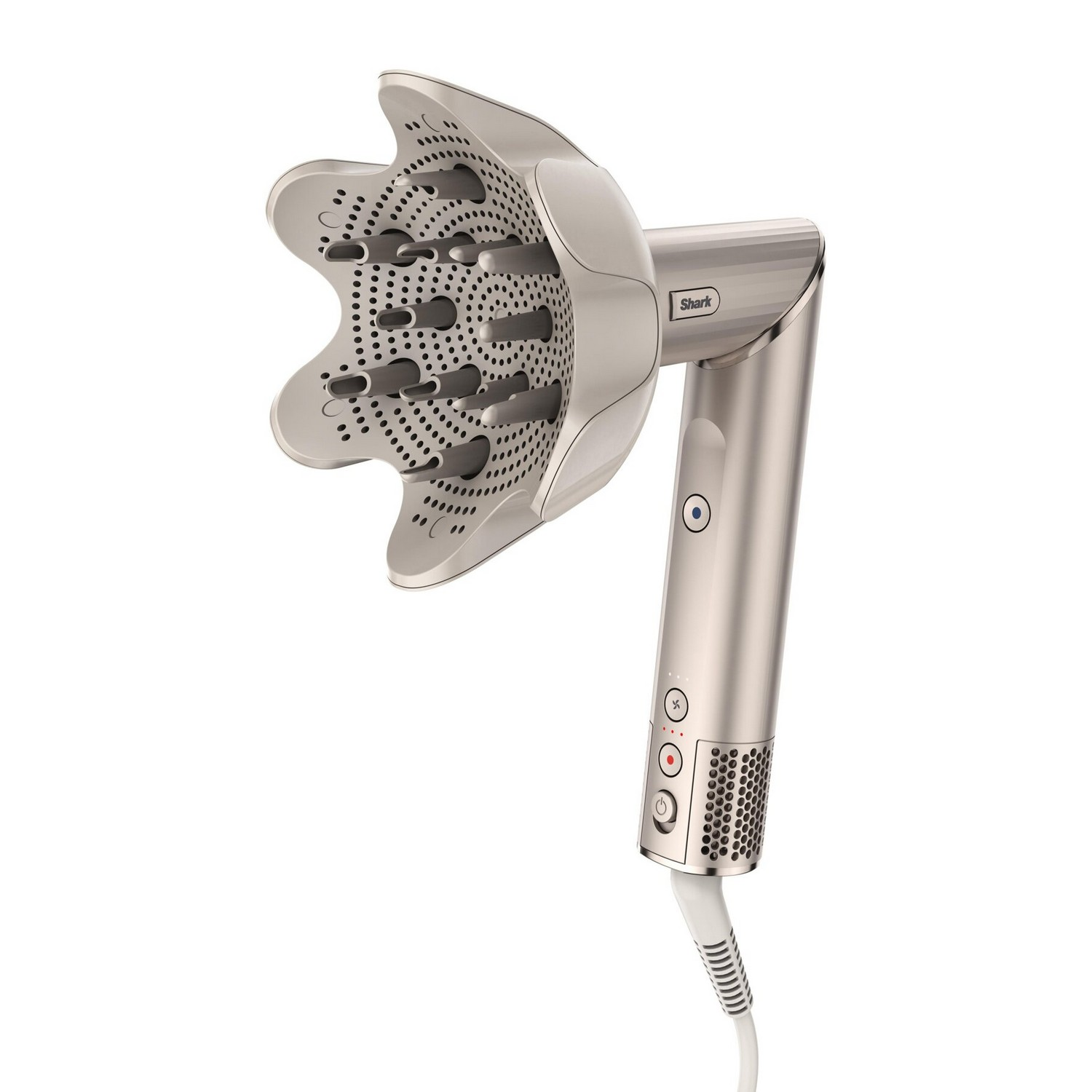 A silver hair dryer with a large diffuser attachment.