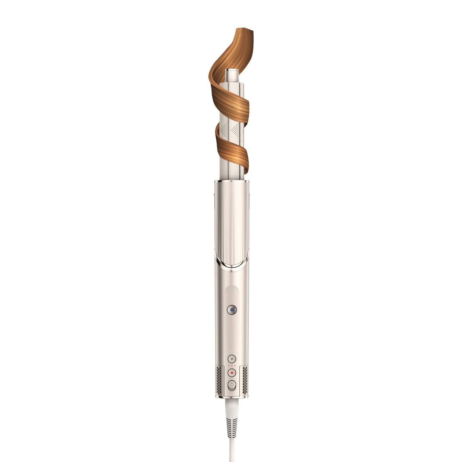 Hair curler with brown hair wrapped around it.
