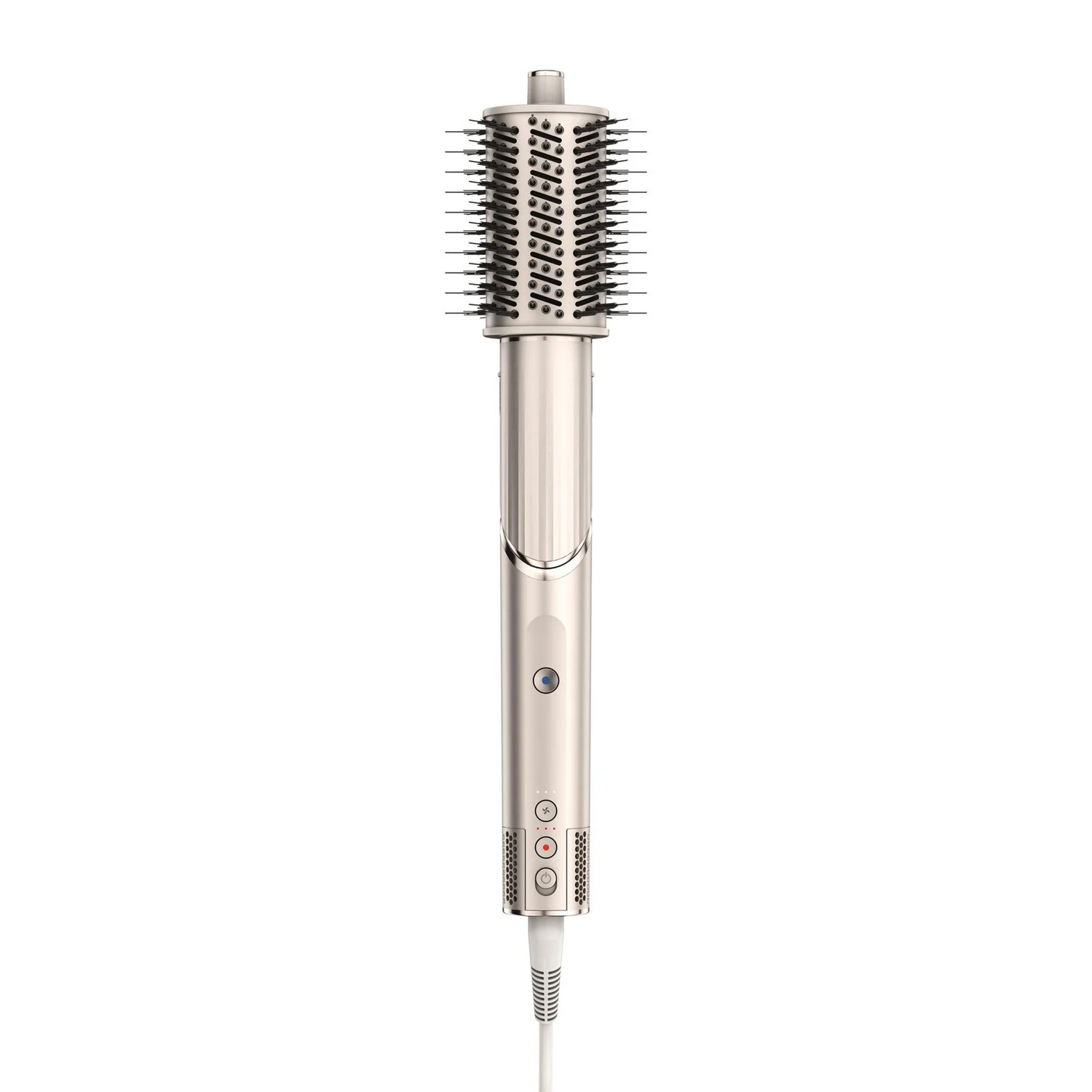 A hair styling brush with a silver handle and black bristles against a white background.