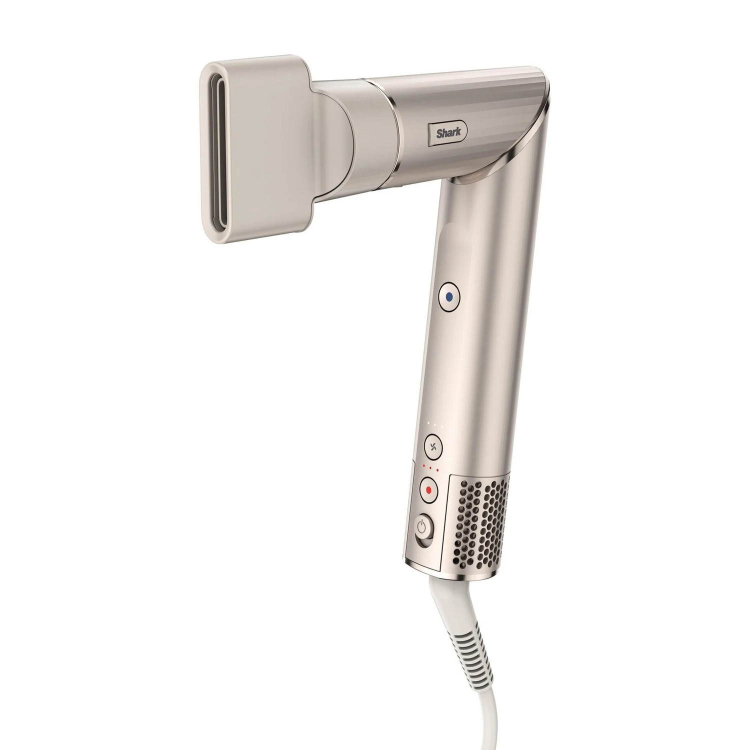 Shark hair dryer in silver with a white cord attached.