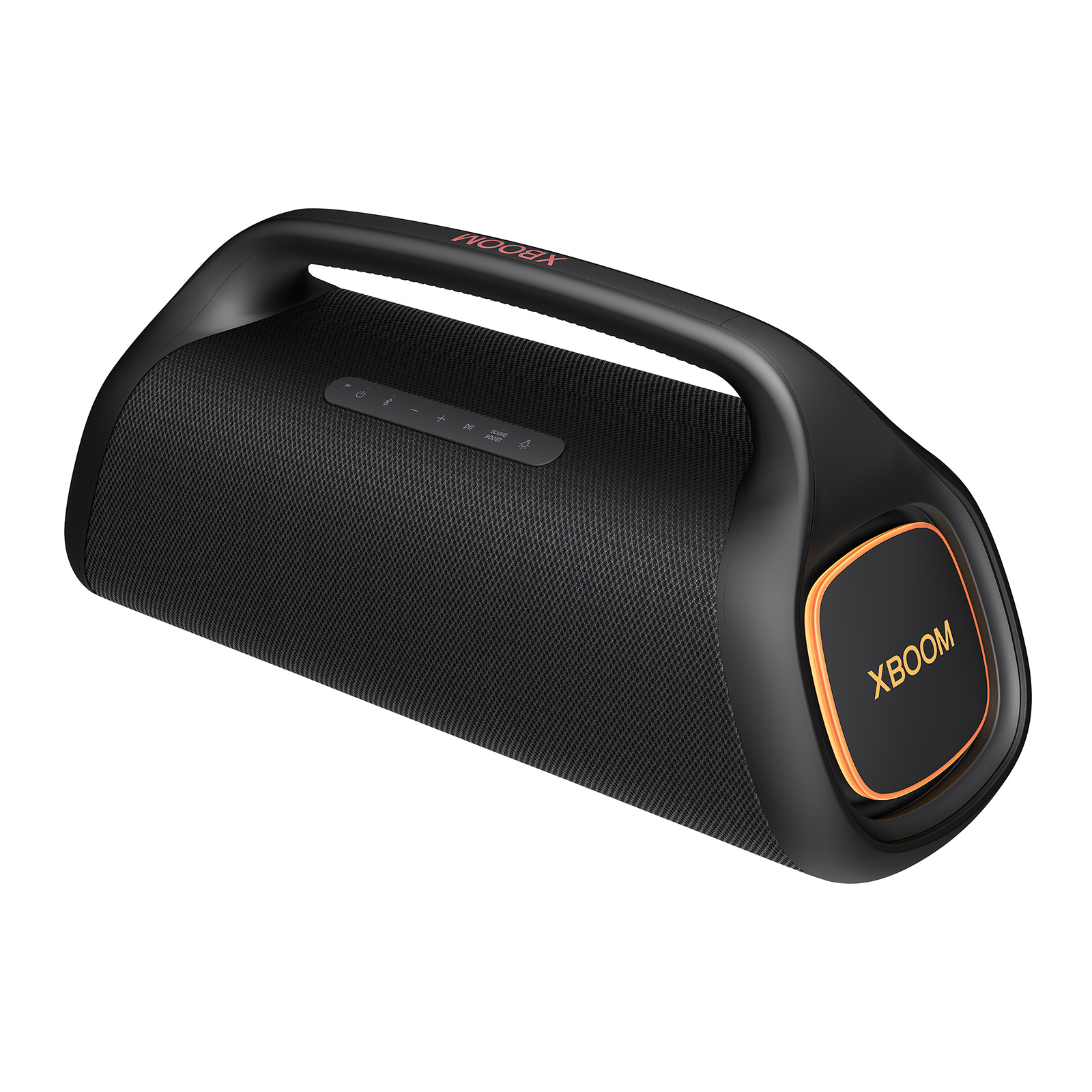 Altavoz portátil negro con asa y detalles en naranja. La marca es "XBOOM".