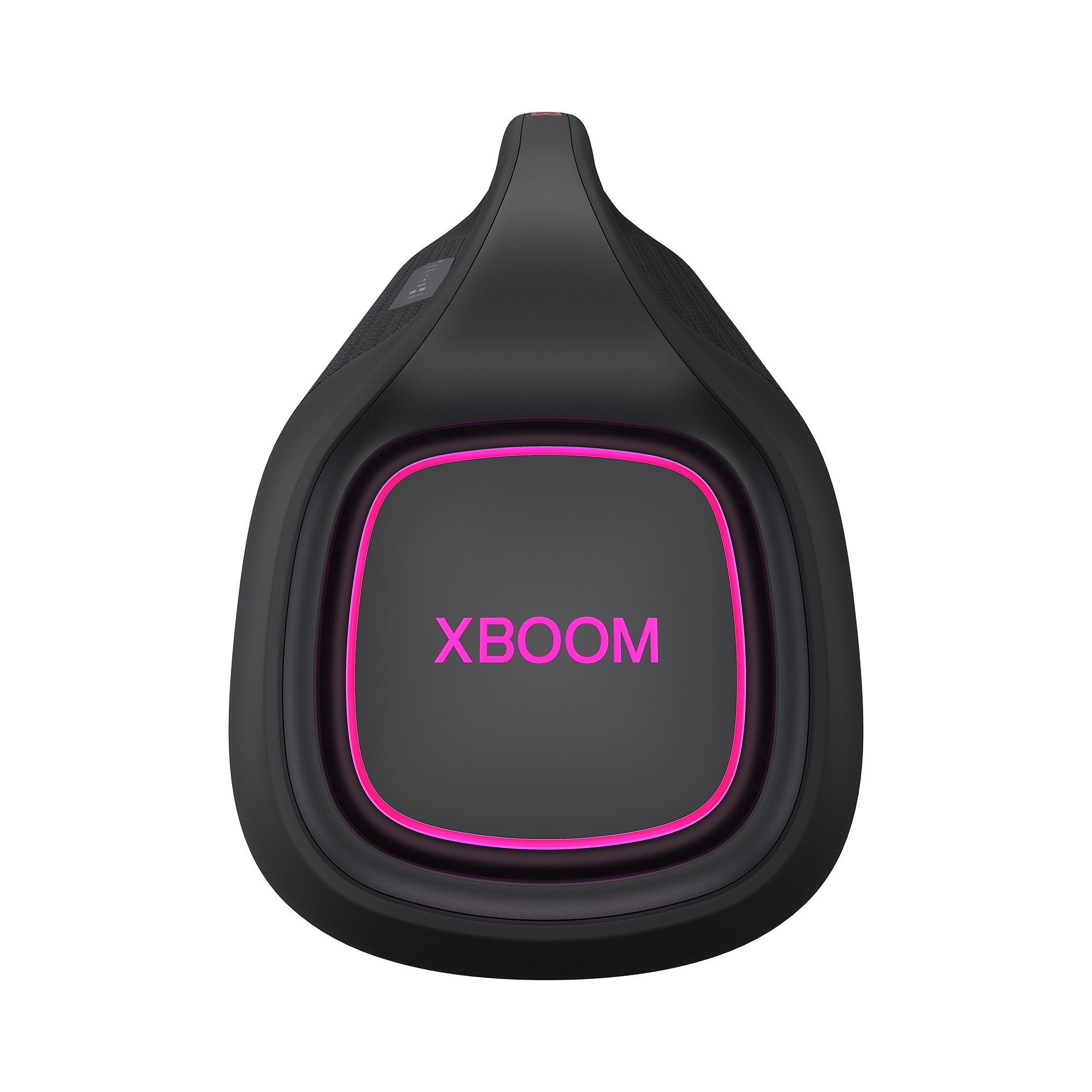 Un altavoz negro con borde iluminado rosa y 'XBOOM' en fuente blanca en el frente.