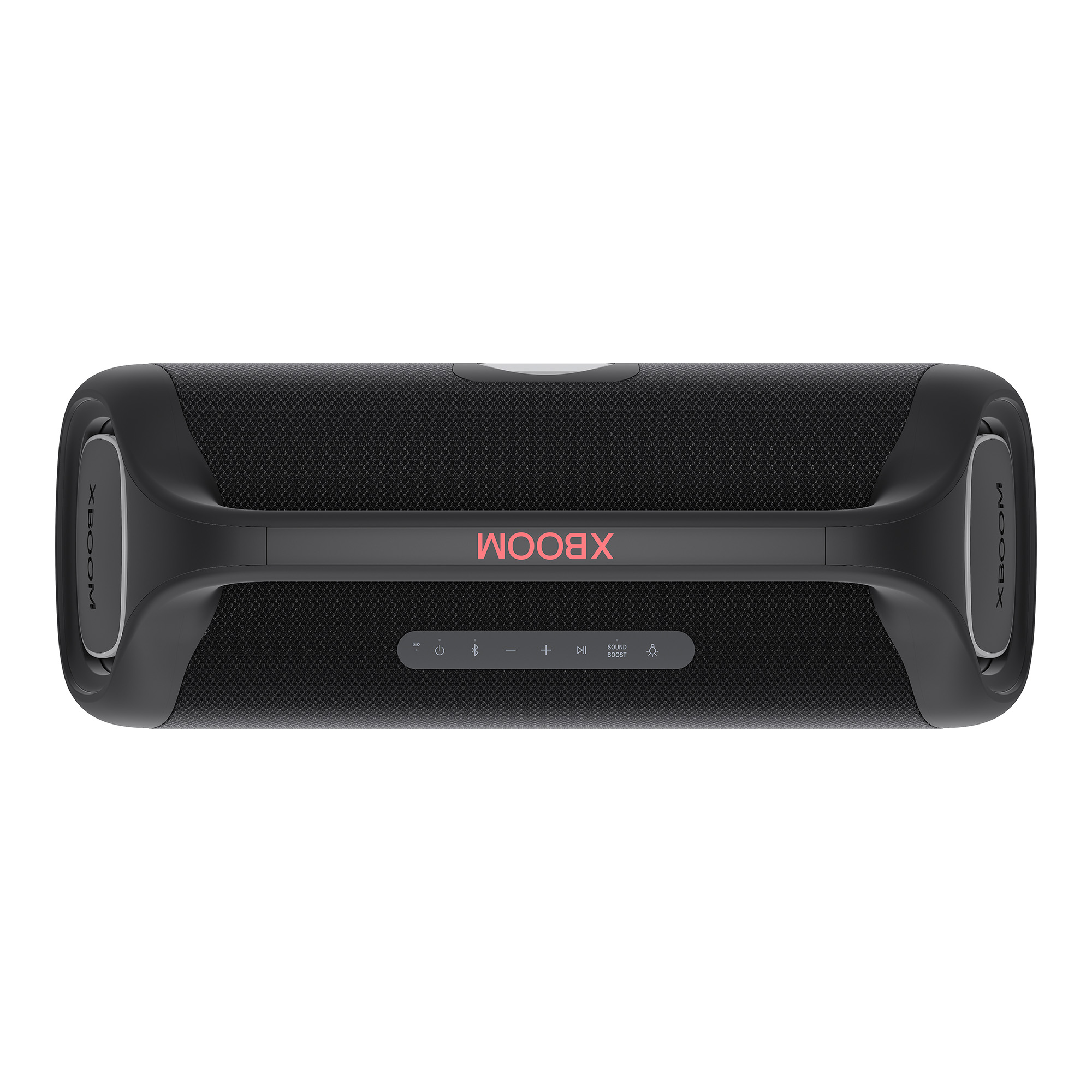 Un altavoz Xboom negro, vista superior, con botones de control y el logotipo Xboom.