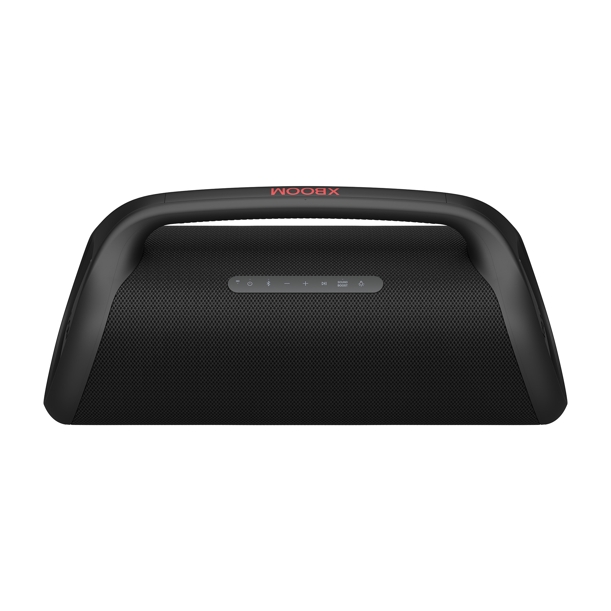 Altavoz portátil LG Xboom negro. Tiene asa arriba y botones al frente. Texto XBOOM rojo.