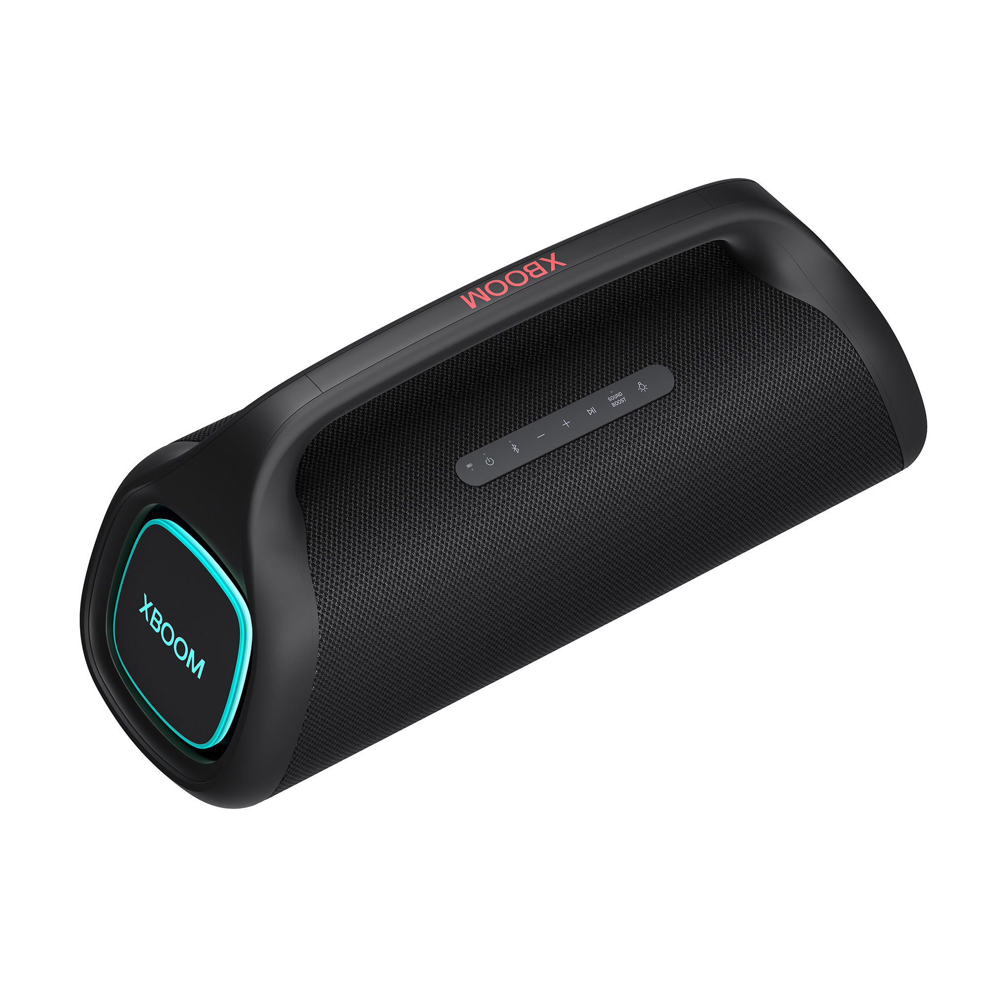 Altavoz XBOOM negro. Tiene un asa y un logotipo XBOOM iluminado en el lateral.