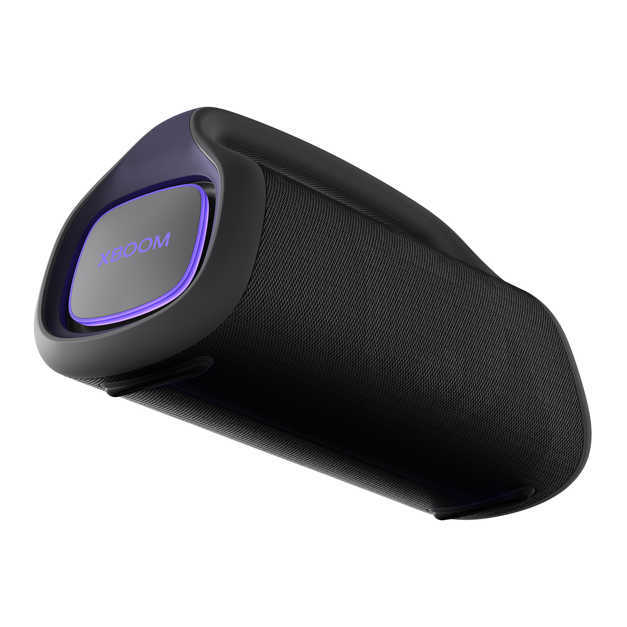 Altavoz negro con detalles morados, logo XBOOM visible.