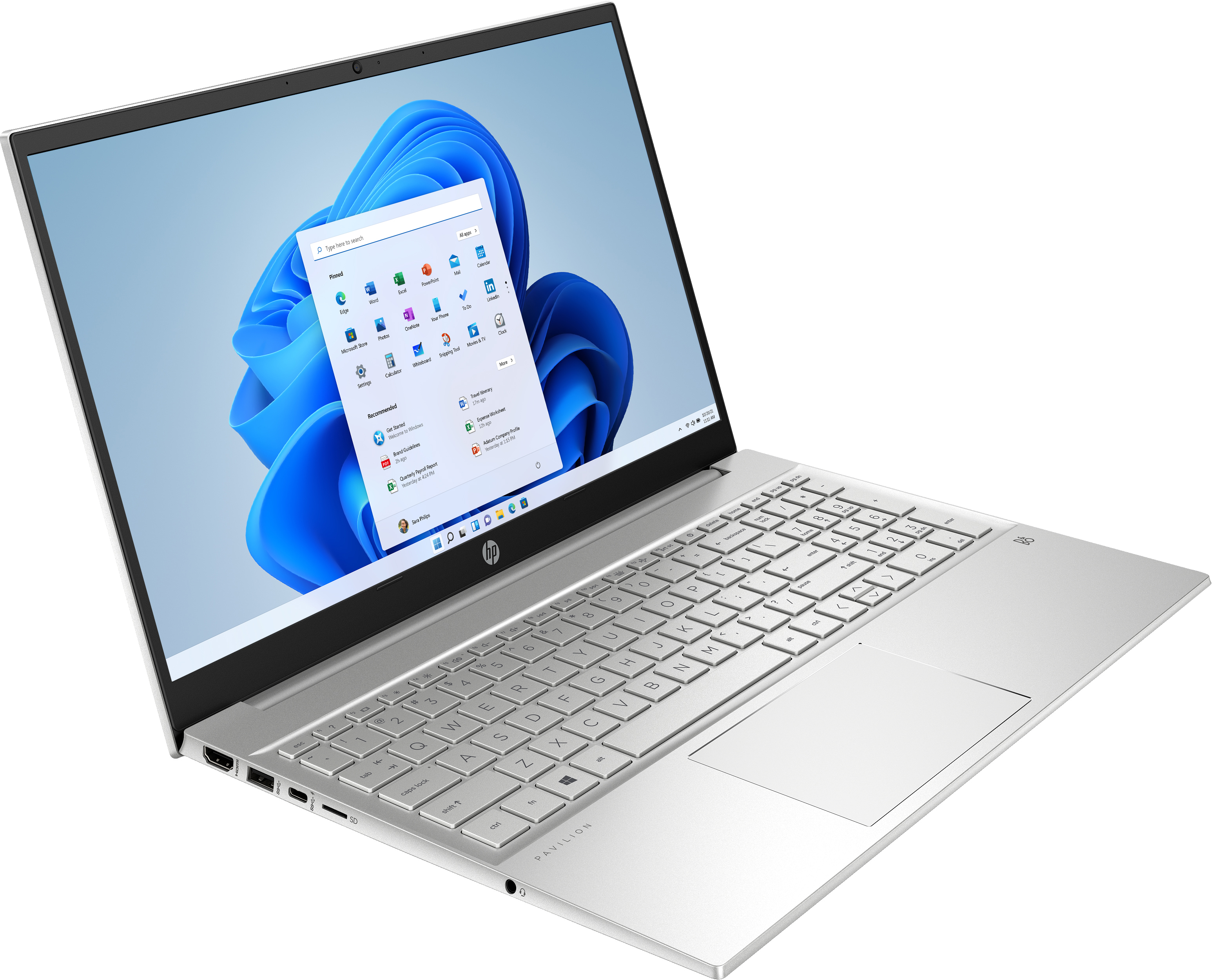 Silberner HP-Laptop mit hellem Bildschirm, der die Windows 11-Oberfläche zeigt.