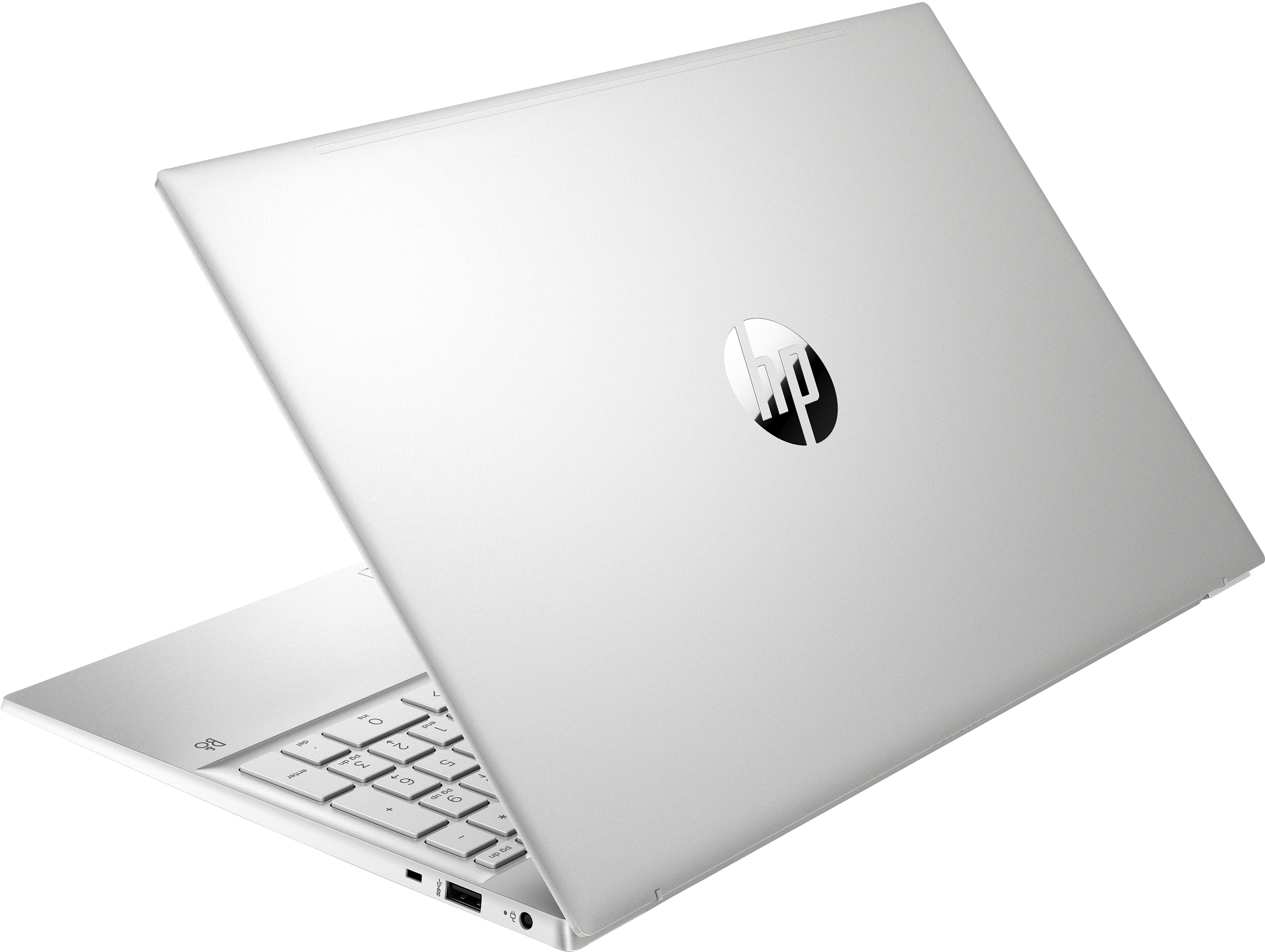 Silberner Laptop auf schwarzem Hintergrund, Rückseite. Das HP-Logo ist sichtbar. Der Bildschirm ist offen.