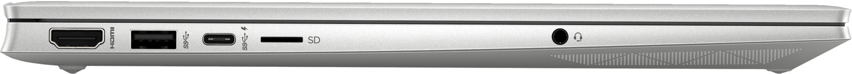 Die Seitenansicht eines silbernen Laptops mit Anschlüssen an der Seite. Zu den Anschlüssen gehören HDMI, USB und SD-Karte.