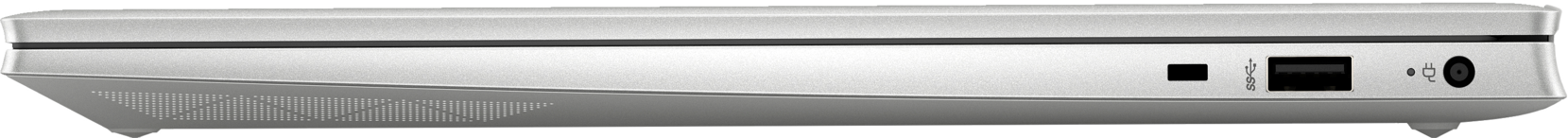 Seitenansicht eines silbernen Laptops. Er hat Anschlüsse an der Seite, mit USB.