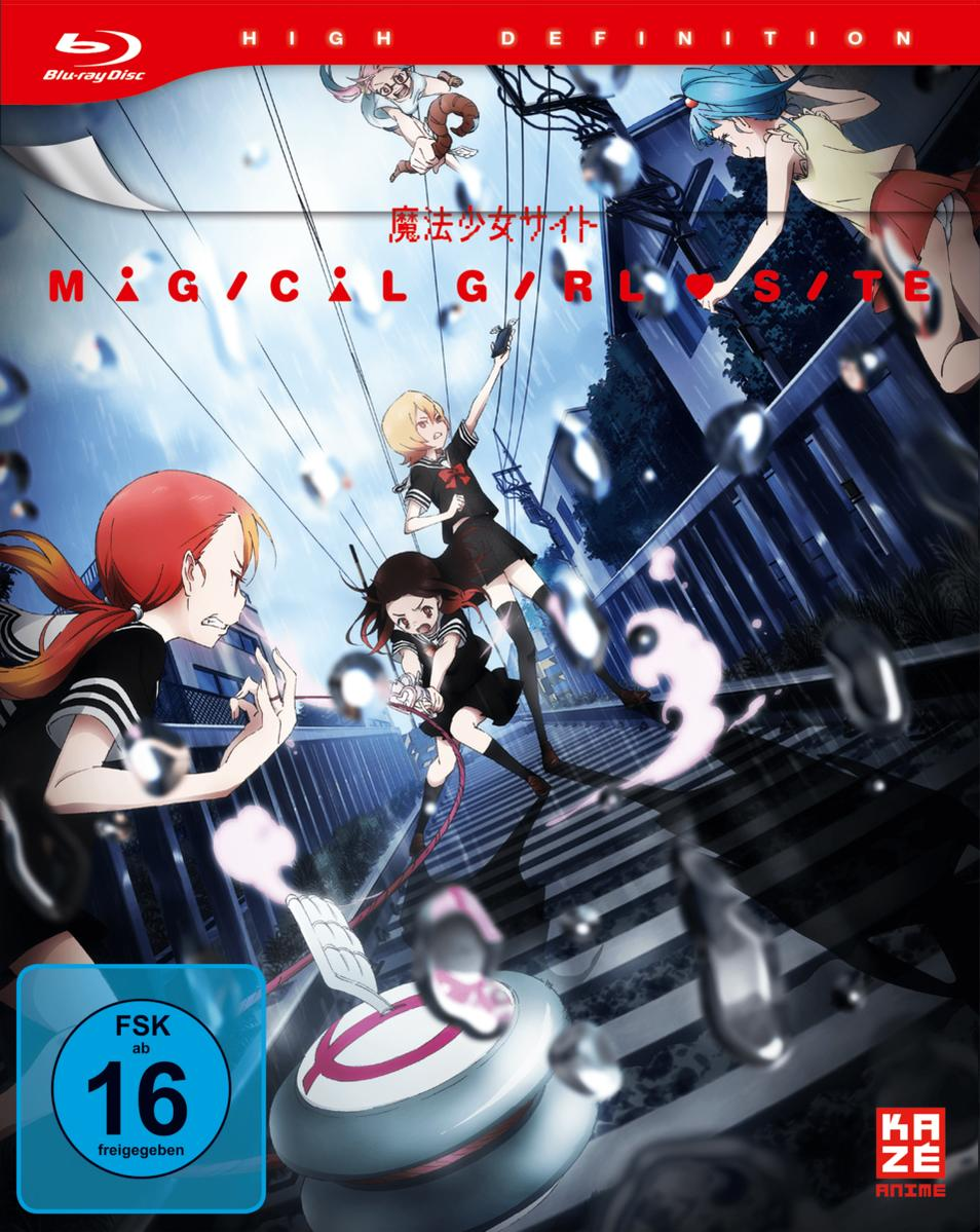 Anime Blu-ray-Cover. Charaktere in einer Stadtkulisse, Regeneffekt. Titel: Magical Girl Site.