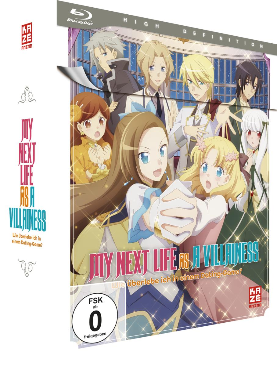 Blu-ray-Disc-Hülle mit Anime-Charakteren. Titel: My Next Life as a Villainess. Japanischer Text sichtbar.