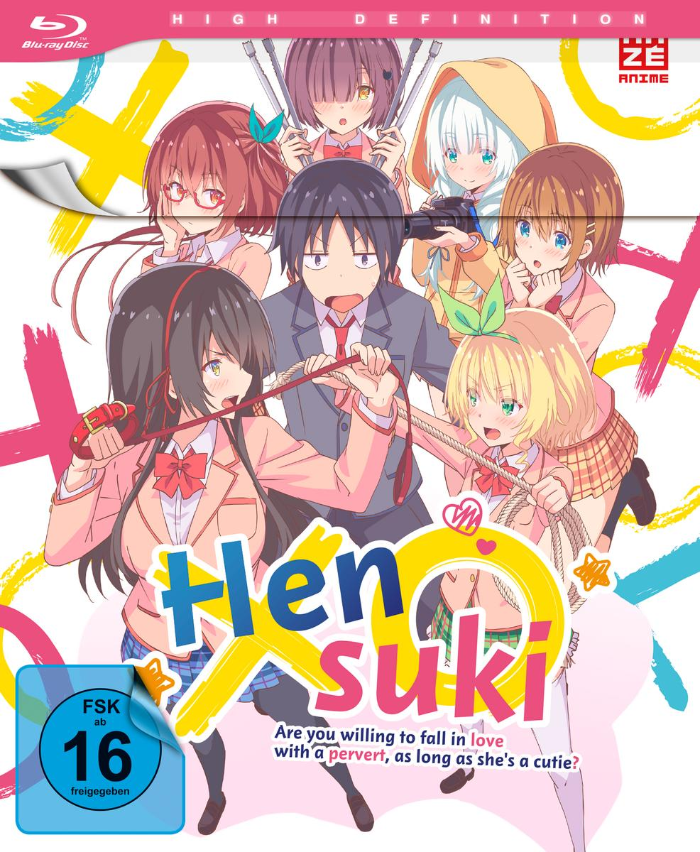 Anime-DVD-Cover mit bunten Charakteren. Der Titel ist 'Hen Suki' und hat japanischen Text.