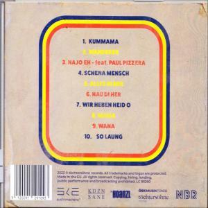 CD-Hülle hinten mit Titelliste: Lieder sind in einem Rahmen im Retro-Stil aufgelistet.