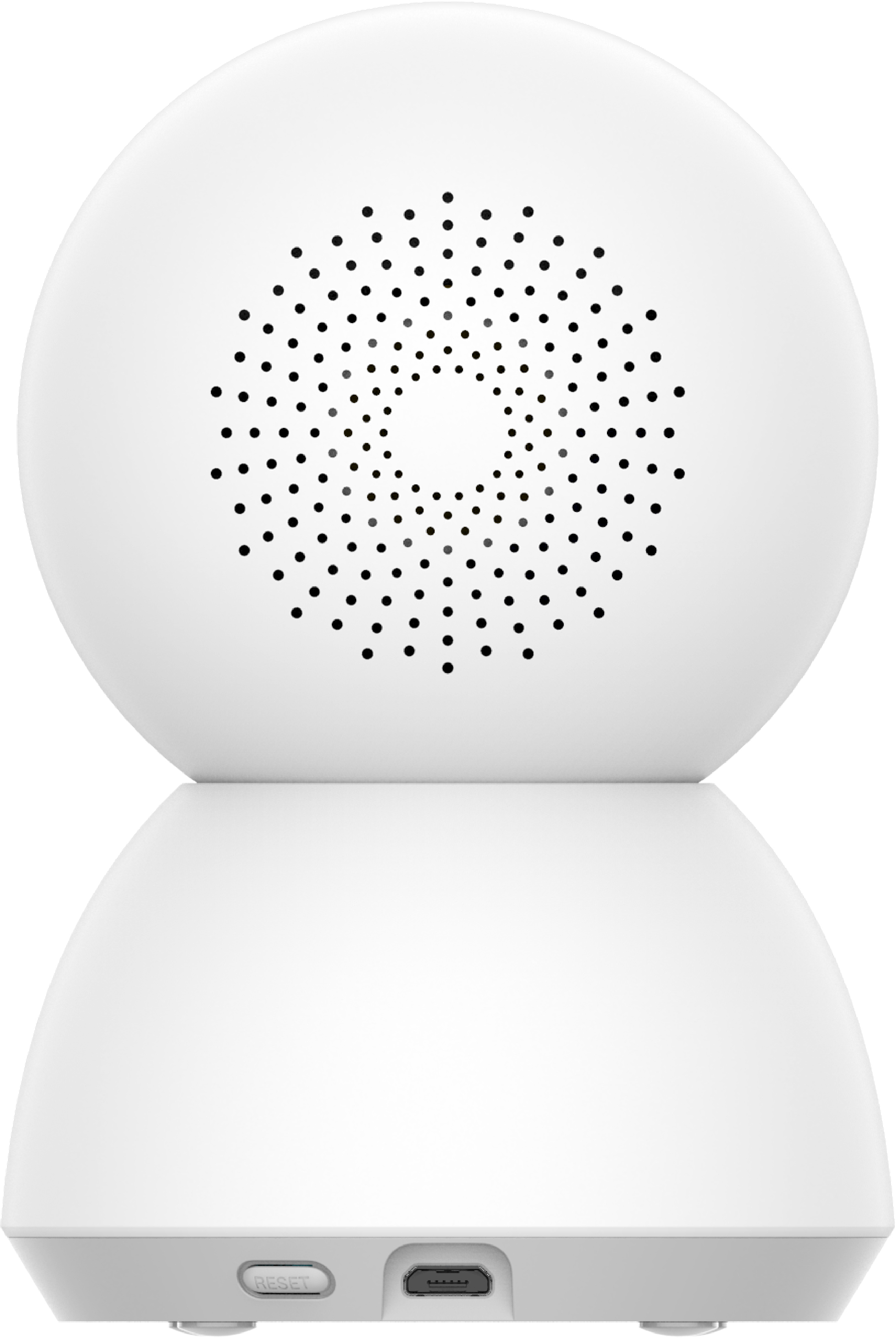 Telecamera di sicurezza bianca, parte superiore circolare con fori, base con porte, sfondo bianco.