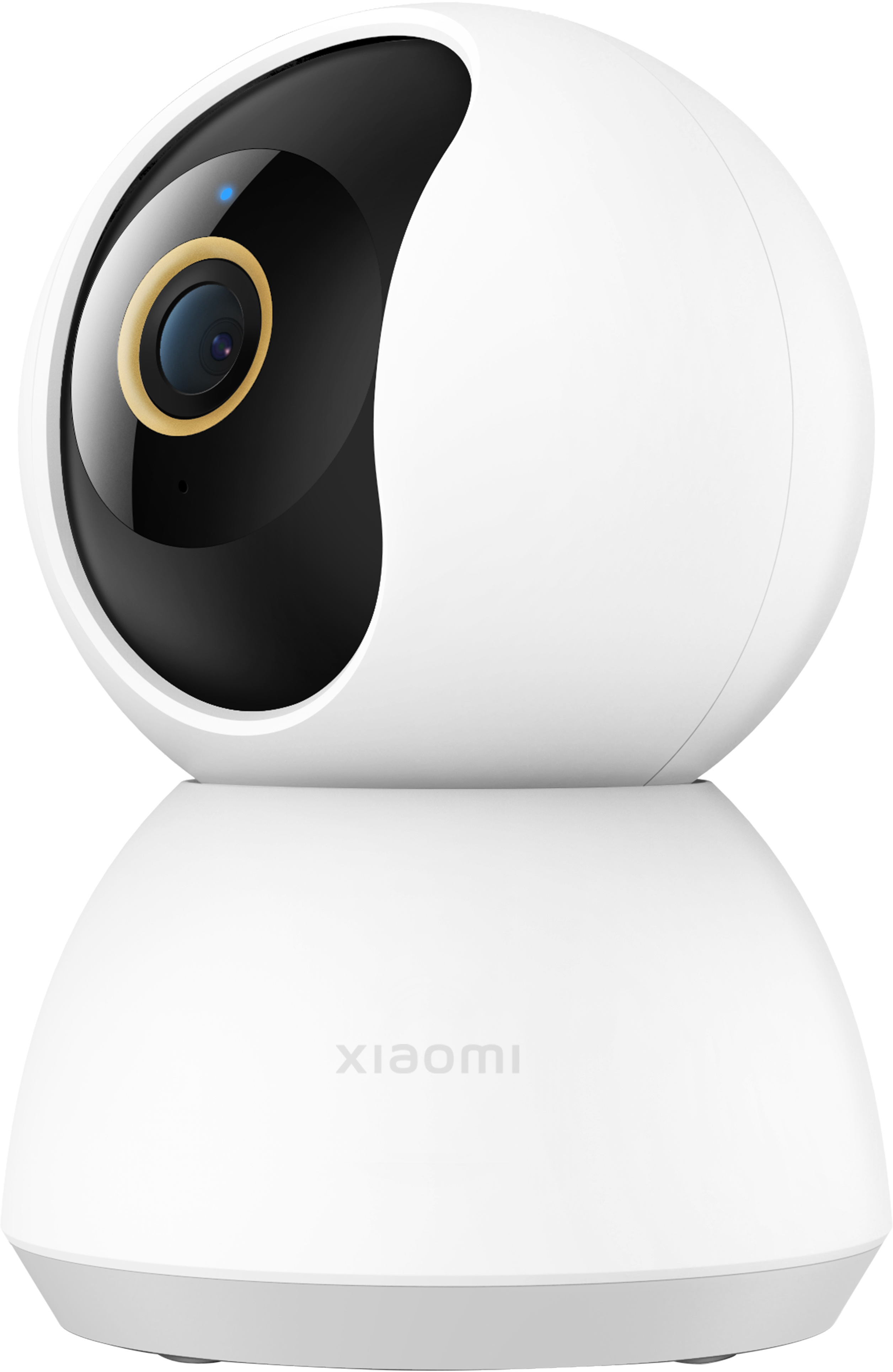 Telecamera di sicurezza Xiaomi bianca. Obiettivo nero e centro nero su corpo sferico bianco.