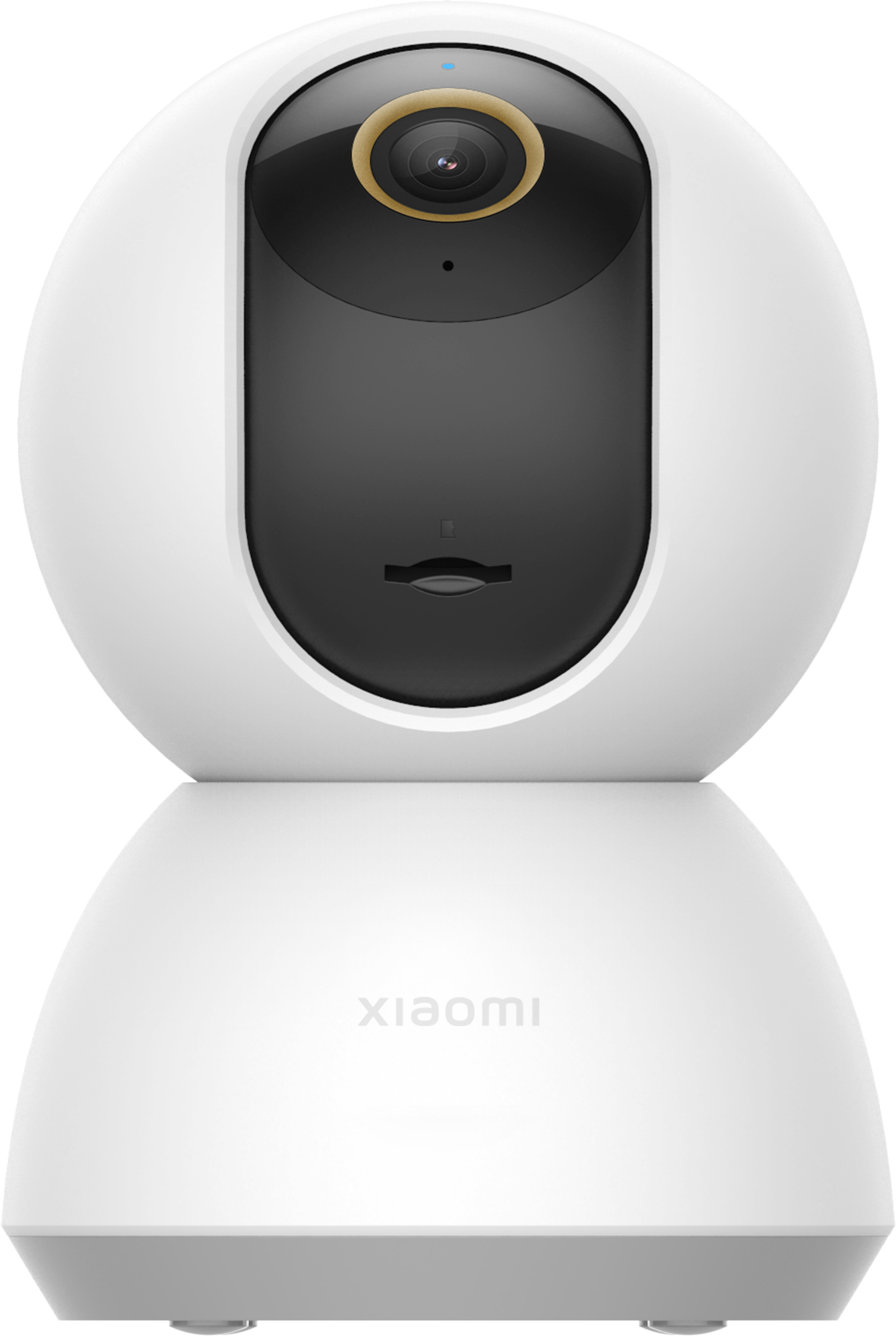 Telecamera di sicurezza Xiaomi bianca con faccia nera, obiettivo e base grigia.