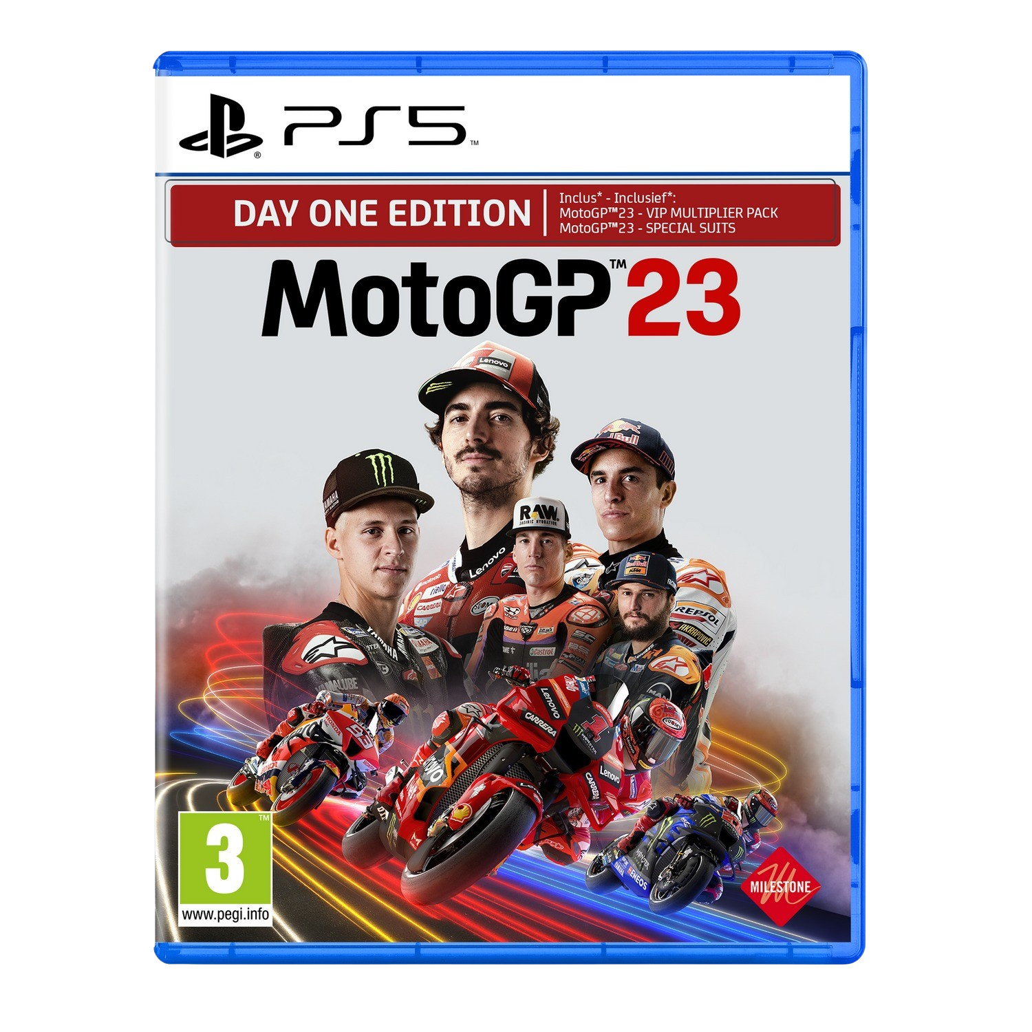 MotoGP 23 gamebox met racers en motoren, blauwe case, tekst.