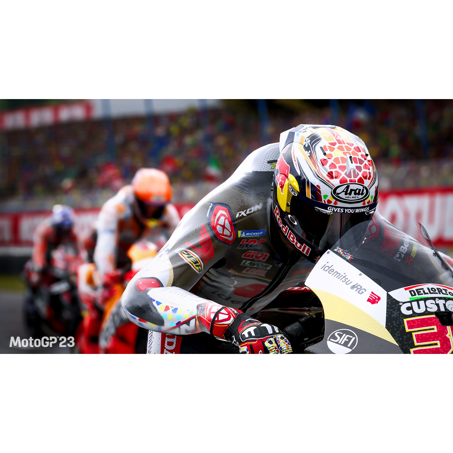 MotoGP 23 game-afbeelding met een racer op een motorfiets tijdens een race.