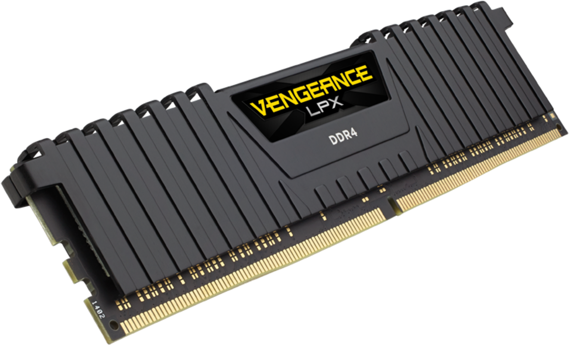 Modulo RAM DDR4 Corsair Vengeance LPX nero. Vista angolata su sfondo nero. Testo giallo.