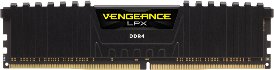 Stick RAM nero con etichetta Vengeance LPX DDR4. Connettori dorati sul fondo. Schema di colori nero e giallo.