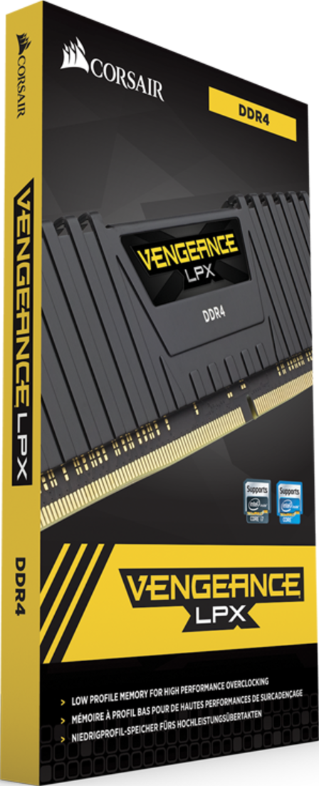 Una scatola di memoria Corsair Vengeance LPX DDR4 nera e oro, che mostra il modulo e le informazioni sul prodotto.