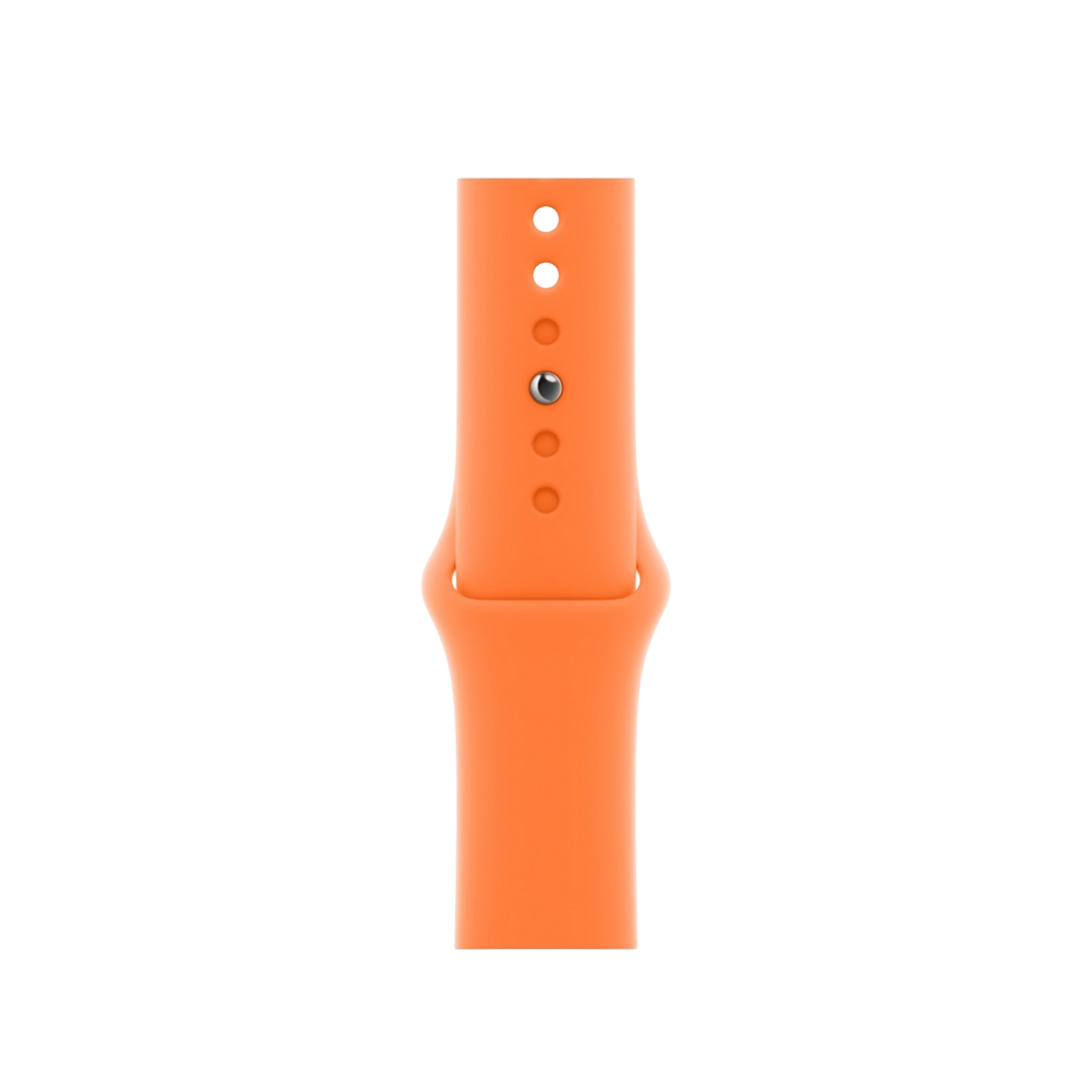 Orange watch band with three holes and a silver button. Black background.