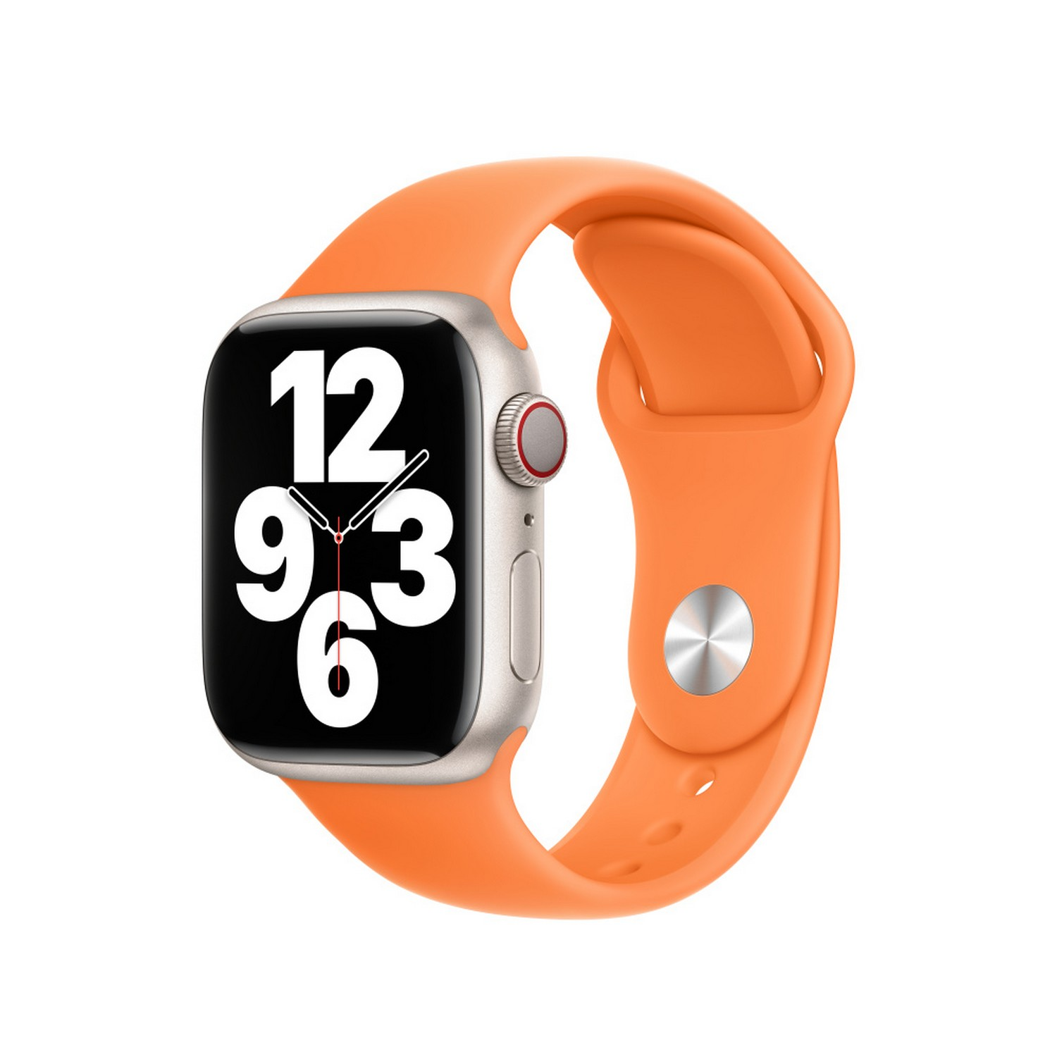 An Apple Watch SE with an orange band, on a white surface, showing the time.