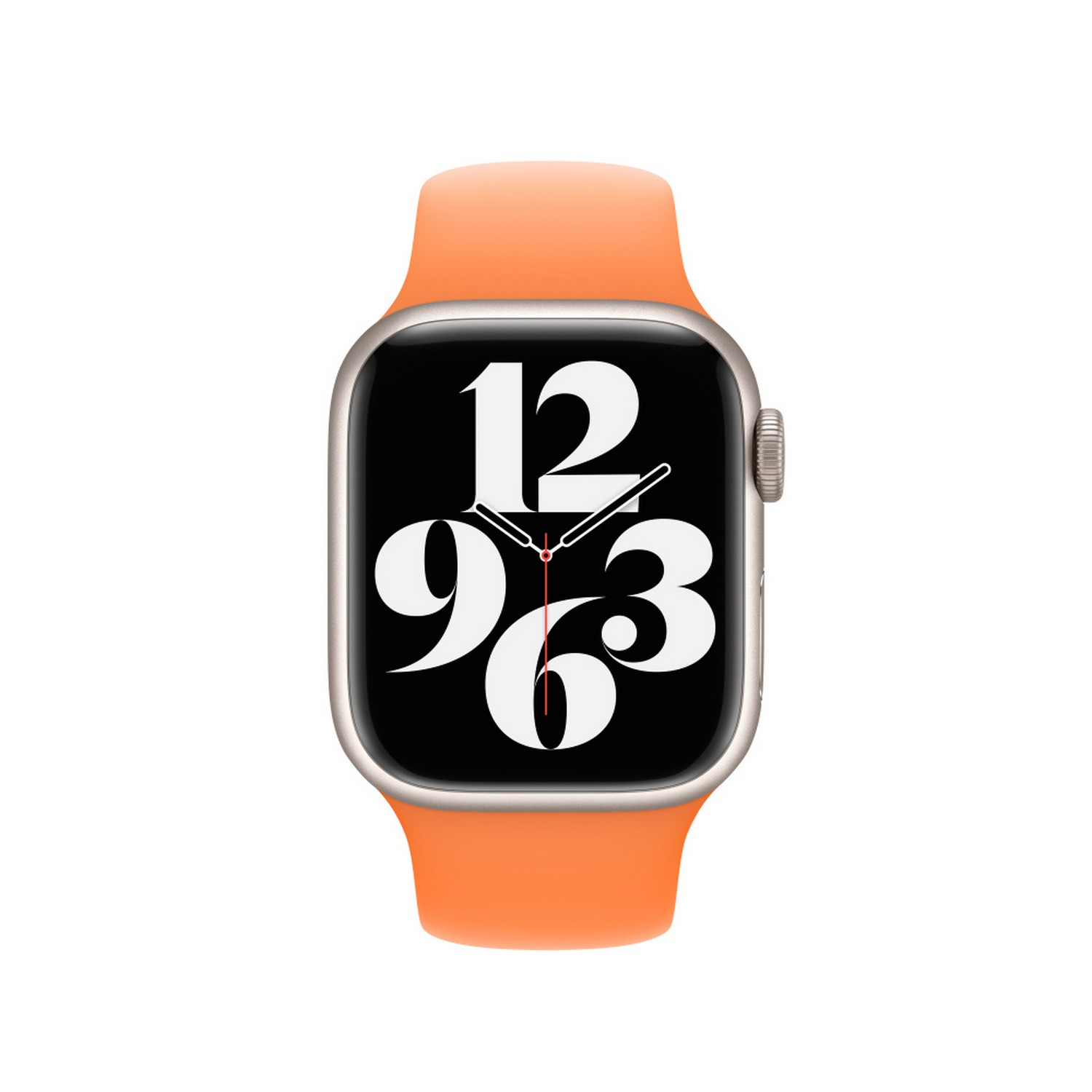 Apple Watch with orange strap, silver case, and black display showing the time.
