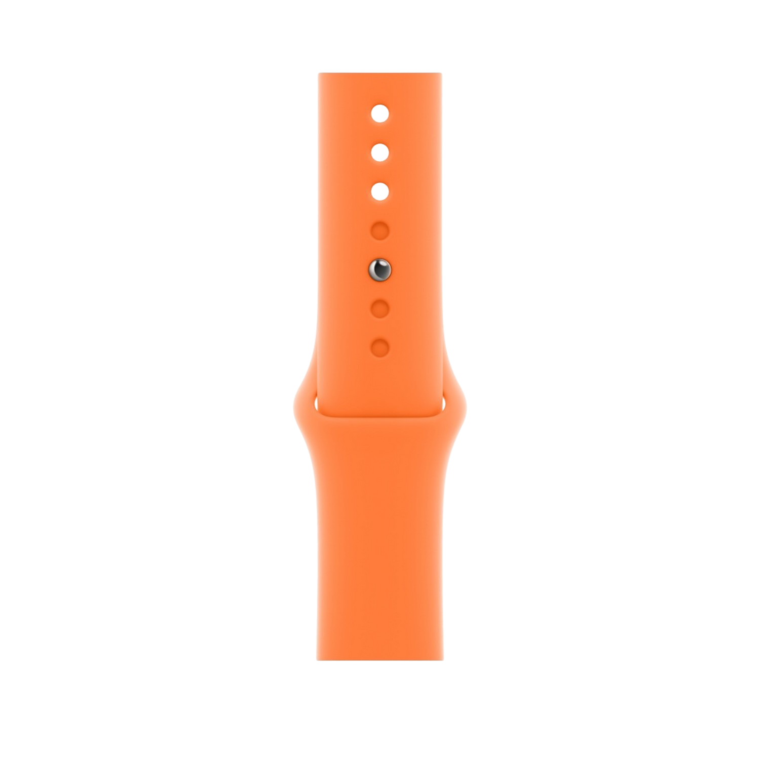 Un bracelet Apple Watch orange. C'est une sangle courte avec des trous et une goupille métallique pour ajuster.