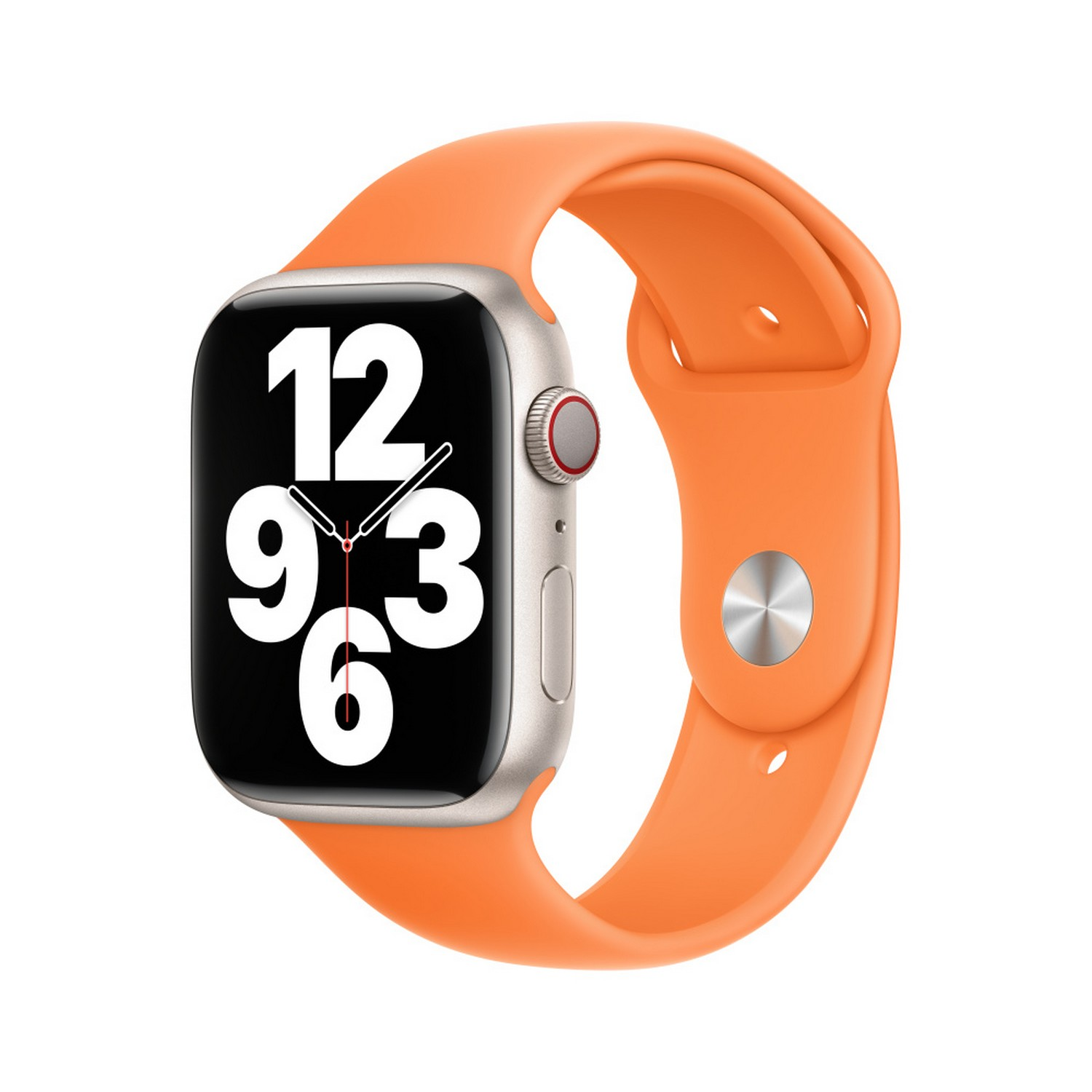 Apple Watch avec bracelet orange. Affichage numérique de l'heure. Boîtier argenté avec bouton rouge.