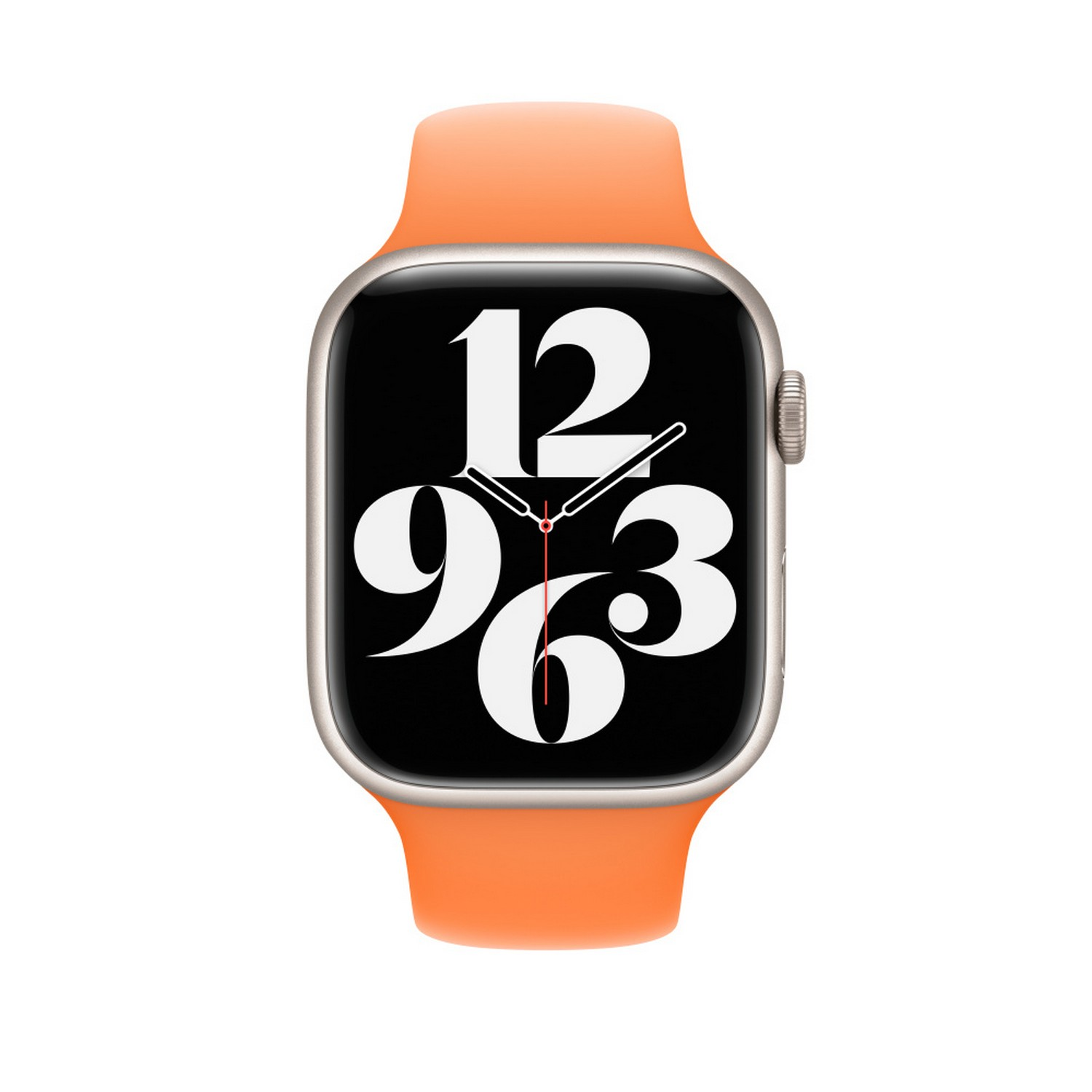 Une Apple Watch avec un bracelet orange. Le cadran affiche de grands chiffres blancs sur fond noir.