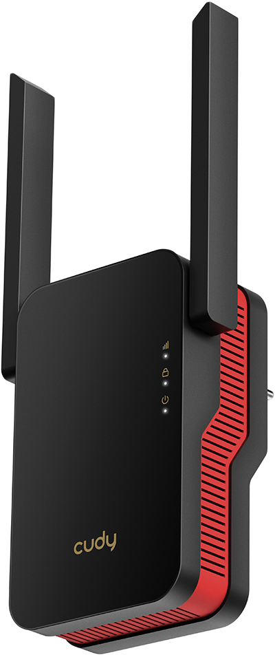 Egy fekete-piros Cudy WiFi jelerősítő két antennával, függőleges nézet.