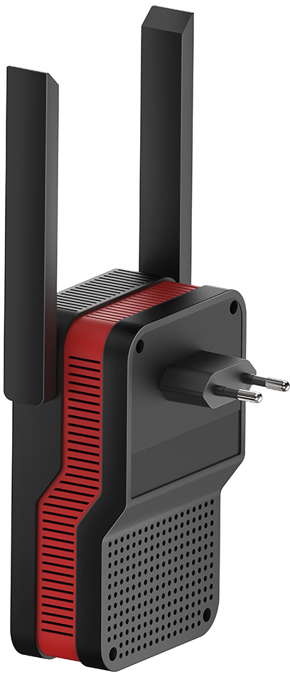 Fekete-piros Cudy WiFi jelerősítő két antennával, dugaszos nézet.