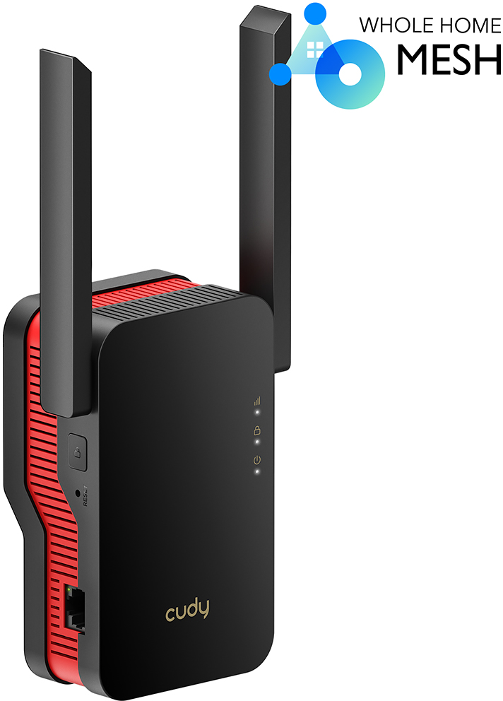 Fekete-piros mesh wifi jelismétlő, antennákkal és 'WHOLE HOME MESH' felirattal.
