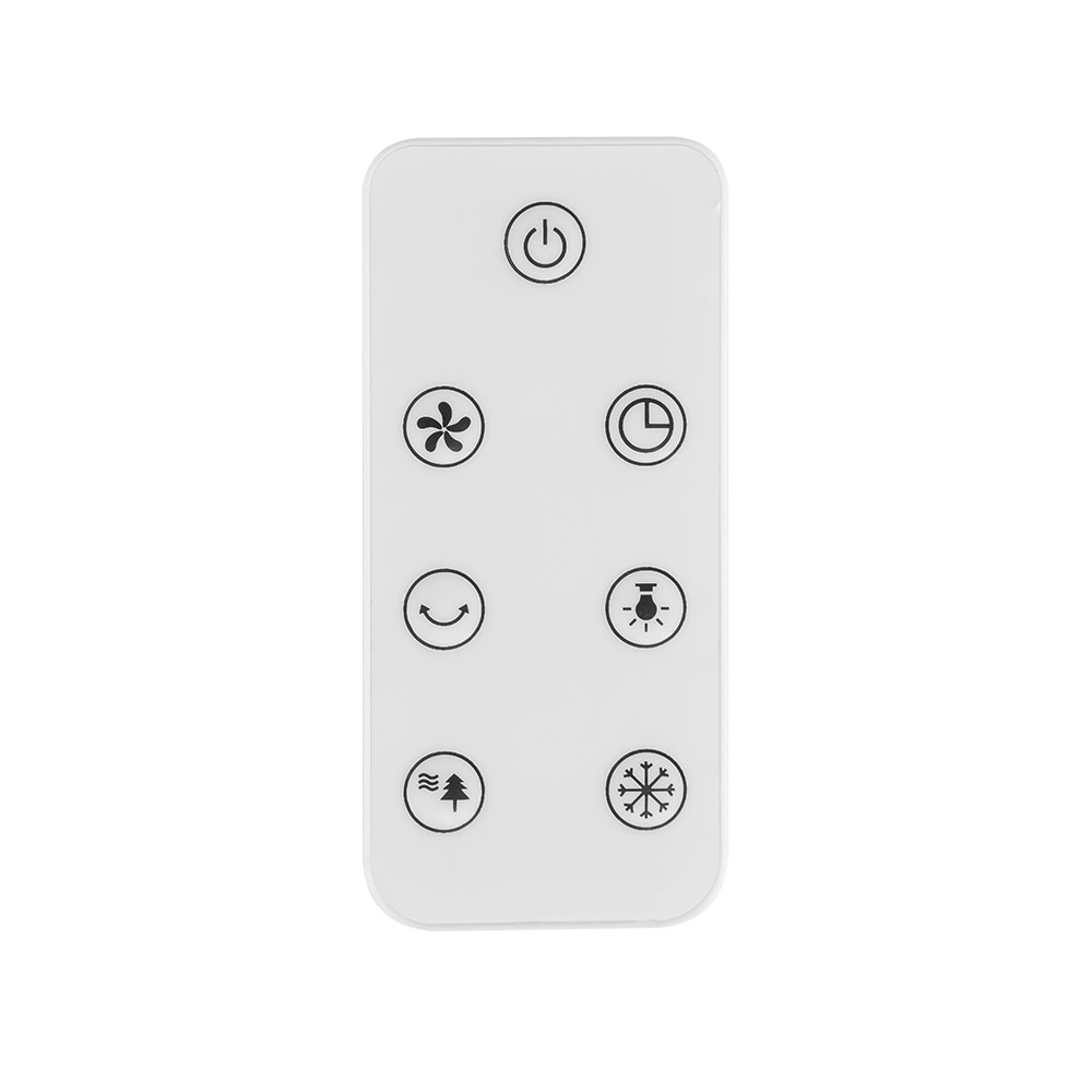 Mando a distancia blanco con iconos negros para encendido, ventilador, temporizador, luz y modos.