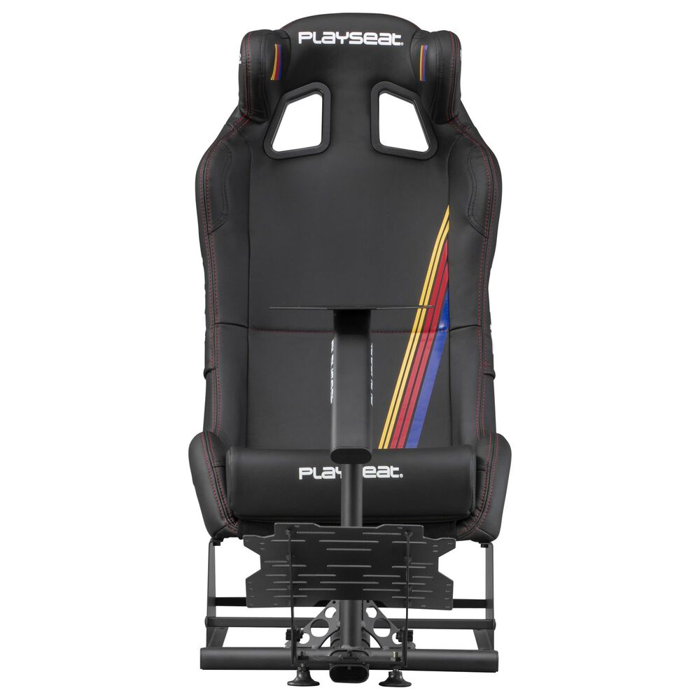 Una silla gaming Playseat negra con diseño de rayas rojo-amarillo-azul y una barra de soporte.