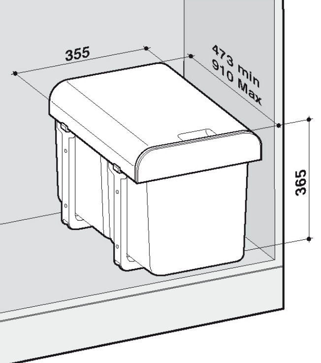 Hulladéktartály diagramja, méretekkel és méretekkel.
