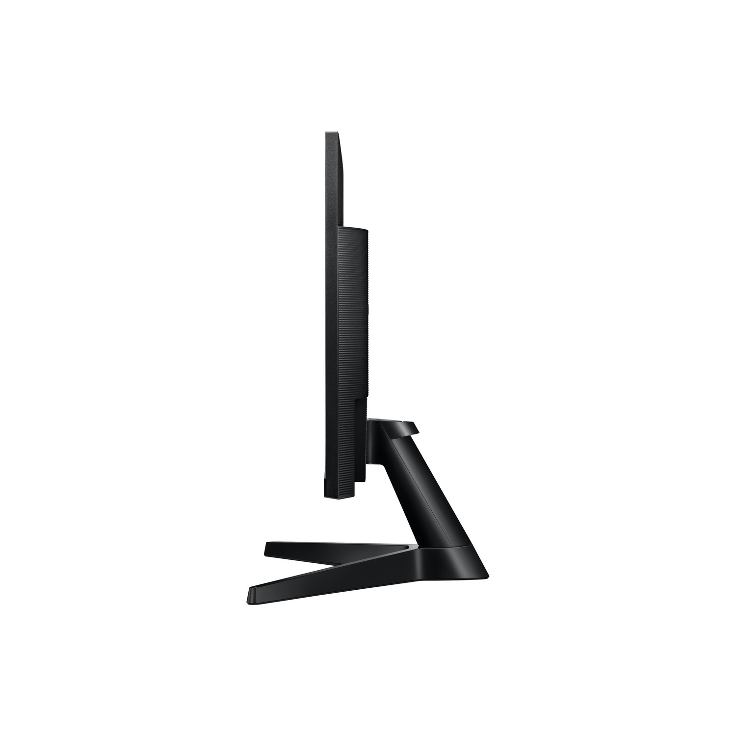 Zwarte computermonitor. De monitor is dun en heeft een zwarte standaard. Het scherm is leeg.