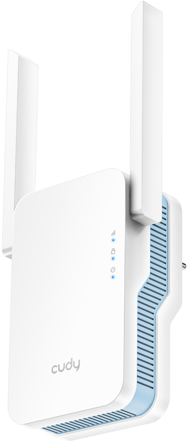 Fehér Cudy WiFi hatótávolság-bővítő. Két antennája és kék jelzőfényei vannak.