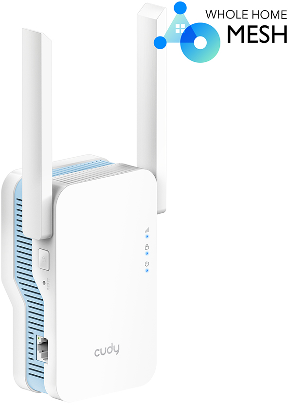Fehér-kék Cudy mesh wifi jelerősítő két antennával, logóval és lámpákkal.