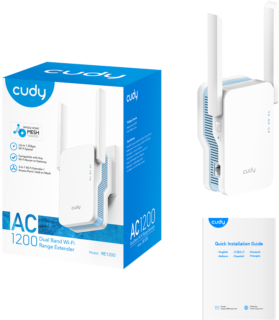 Wi-Fi hatótávolság-bővítő a dobozában, gyors telepítési útmutatóval.